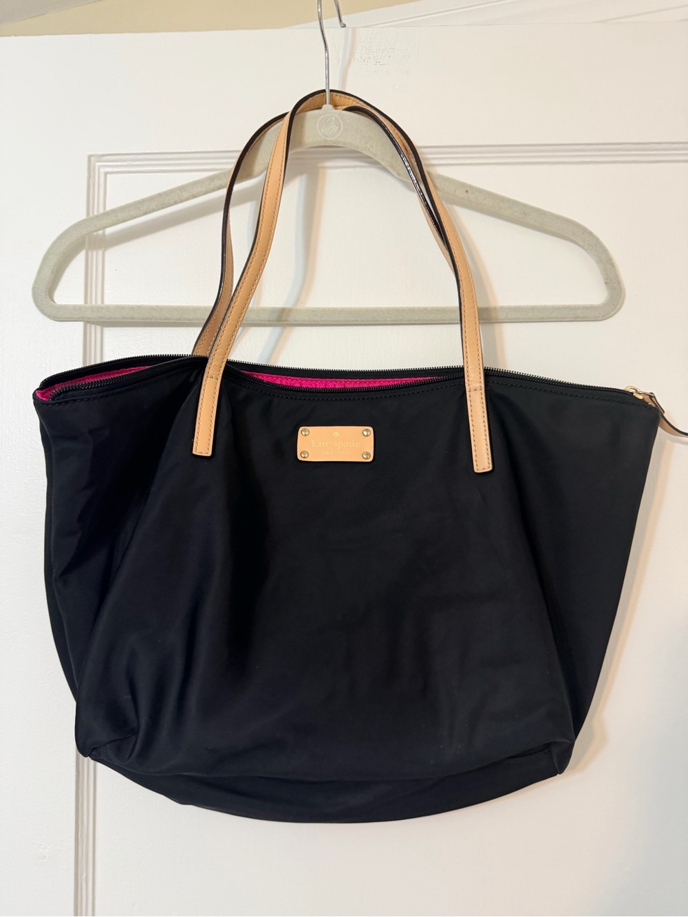 Kate Spade Black Tote Bag with Tan Handles and Pink Lining